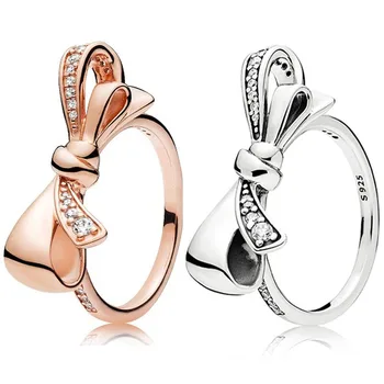 

Rose Brilliant Bow With Crystal Ring 925 Sterling Silver Ring For Women Wedding Party Gift Fine Jewelry