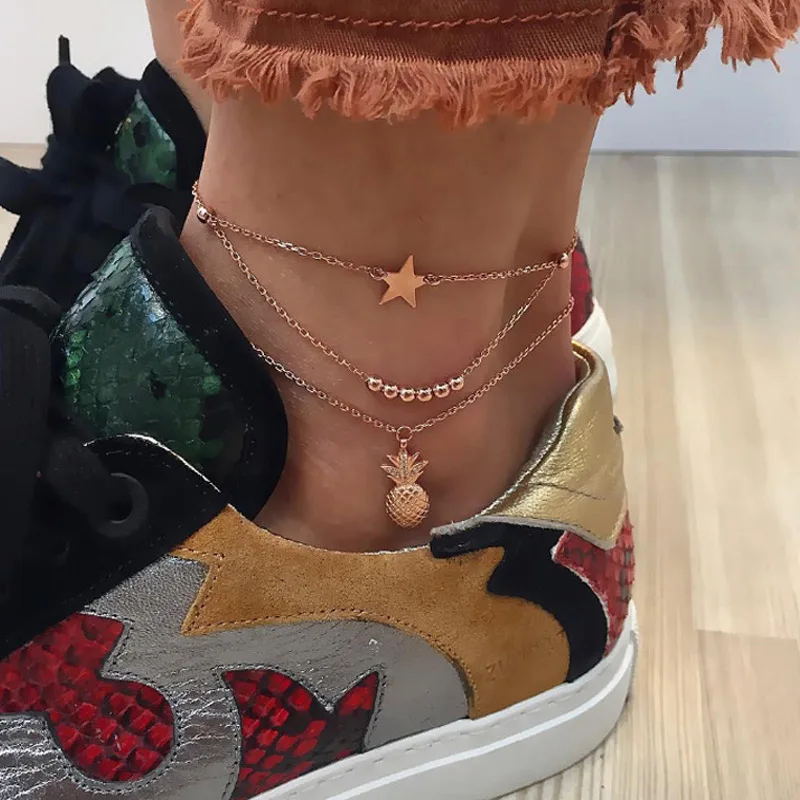 

Boho Anklet Foot Chain Ankle Summer Bracelet Multi-layer Pineapple Pendat Charm Sandals Barefoot Beach Foot Bridal Jewelry A013
