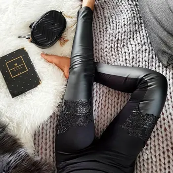 

Womens Stretch High Waist Shiny PU Leather Pants Skinny Vogue Lace Patchwork Faux Leather Leggings Pencil Pants Slim Fit