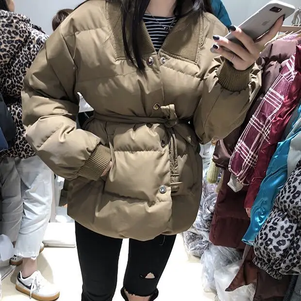 

2018 Winter of Belt Waist Hugging Slimming Cotton Overcoat Women's Versatile Slim Fit Loose-Fit Short Cotton Coat Fashion