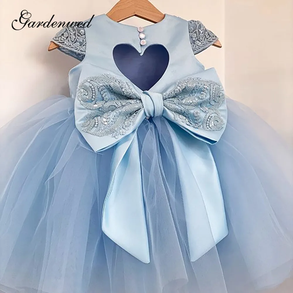 

Cute Blue Flower Girl Dresses Big Bow Lace Cap Sleeves Girls Pageant Dresses O-Neck Keyhole Back Tulle Baby Wedding Party Dress