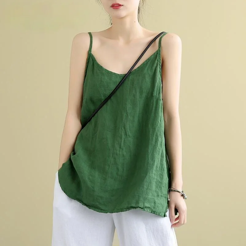 Women's Summer Top Cotton Linen Spaghetti Strap Top Women Halter V Neck Basic Yellow Sleeveless Tank Tops Loose Casual Camis 2