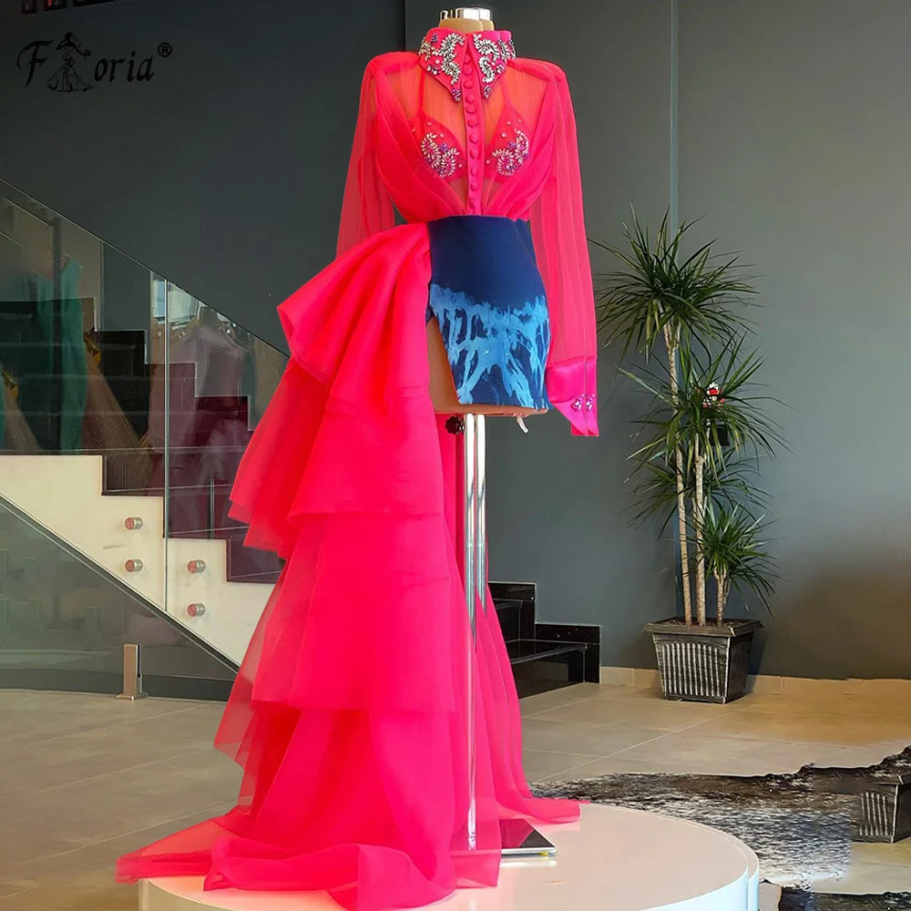 

Two Pieces Set Short Crystals Prom Dress With Detachable Train Pink Long Sleeve Blouse and Navy Blue Mini Skirt Party Suits
