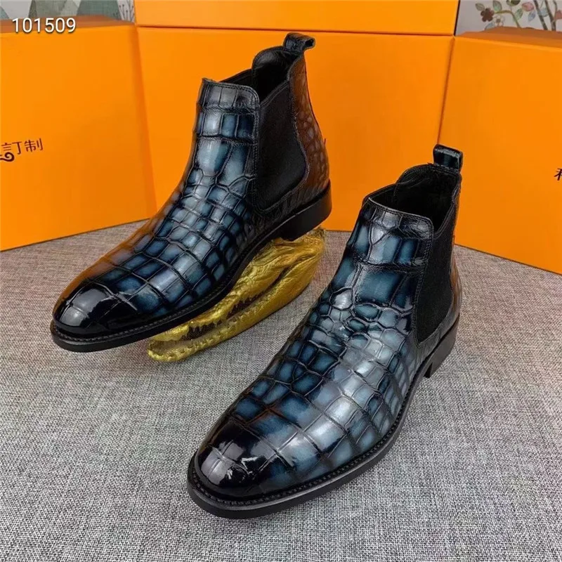 

Authentic Exotic Crocodile Belly Skin 100% Hand Stitched Deep Blue Men Chelsea Boots Genuine Alligator Leather Male Ankle Shoes