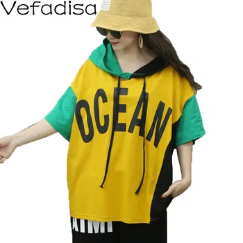 

Vefadisa Plus Size Summer Hoodie Women T-shirt 2020 Half Sleeve Loose Letter Printed T-shirt Casual Hit Color T-shirt QYF2567