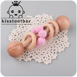 Kissteether 1pcs Wooden Rattle Hand Teething Wooden Ring Play Gym BPA Free Baby Toys Beech Montessori Toy Trumpet Baby Rattles