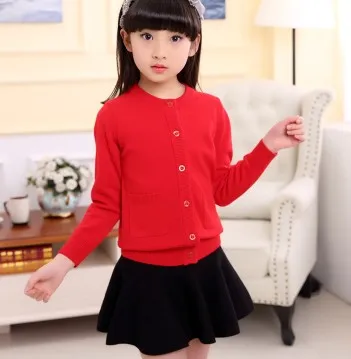 Весенняя детская одежда свитера для девочек Повседневный однотонный вязаный кардиган с длинными рукавами для маленьких девочек; свитера для крупных детей - Цвет: pocket red