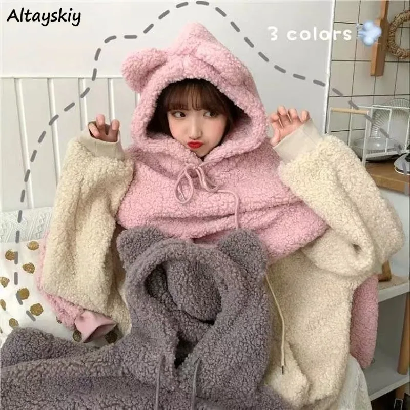 Женские толстовки с капюшоном, утолщенные, теплые, милые уши, однотонные, розовые, Kawaii, овечья шерсть, мягкие, для девочек, универсальные, зимние, Harajuku пуловеры с капюшоном, повседневные|Толстовки и свитшоты| | АлиЭкспресс