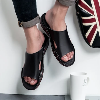 

Merkmak 2020 Summer Men Sandals Leather Quality Beach Slippers Casual Shoes Flat Fashion Outdoor Beach Shoes Big Size 37-45