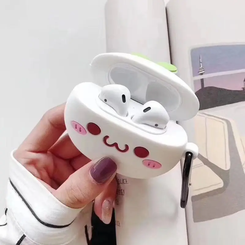 Cute Cartoon Grass Pattern Soft Silicone Protective Case Skin Protector with Carabiner for Airpods 1/2 Charging Box Accessories