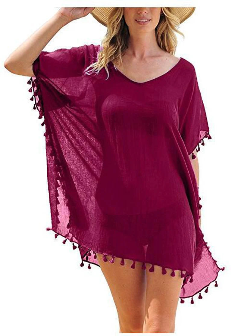 Wine Red Новинка, женский пляжный костюм с кисточками, закрывающий купальник, купальные костюмы, Летнее мини платье, свободное однотонное покрывало - Цвет: Wine Red