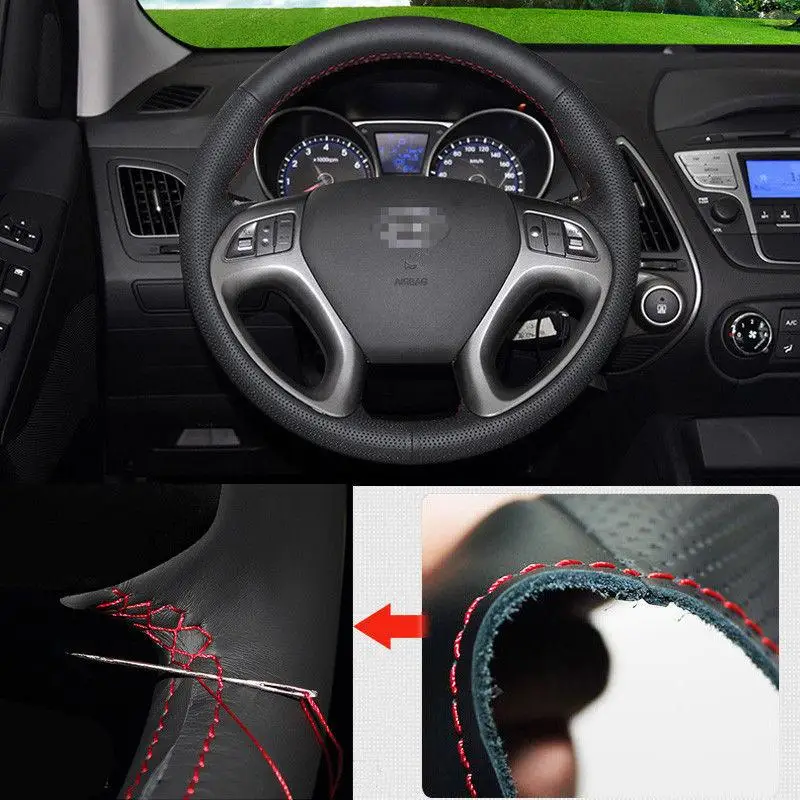 For Hyundai Ix35 DIY Steering Wheel Hand stitch on Wrap Cover Top Black LeatherSteering Covers