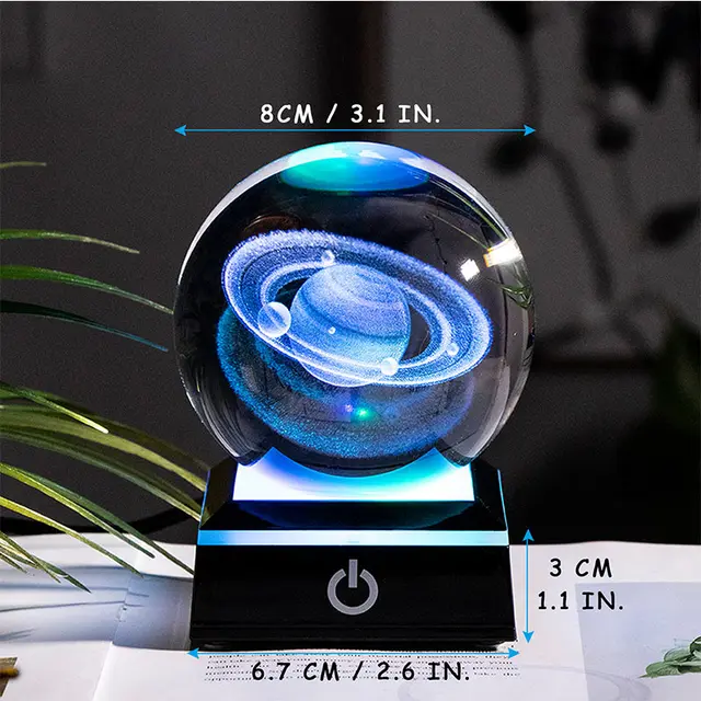 3D sistema solar 80mm bola de cristal planetas bola de vidro globo gravado  decoração em miniatura com interruptor de toque cabo usb luz led presente