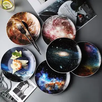 

8 inch Starry Universe Landscape Plate Set High Quality Ceramic Dishes Dessert Steak Bread Dinner Plates Sets Dish Kitchen Decor