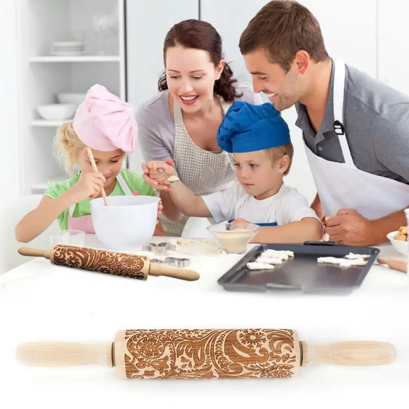 35*5cm Christmas Embossed Rolling Pin Engraved Baking For Kids Cookie Biscuit Presser Maker Noodle Fondant Roller | Дом и сад