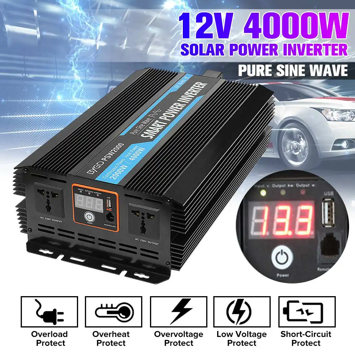 

4000W DC12V to AC220V USB Digital Display Car Power Inverter Charger Converter Adapter DC 12 to AC220 Pure Sine Wave Transformer