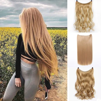 

synthetic curly straight fish line hair halo extensions pieces natural no clips in extension for women black blond