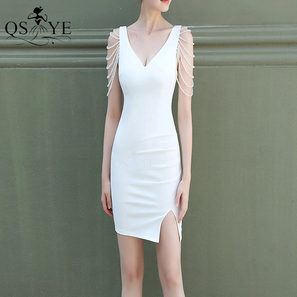 

White Short Prom Dress Stretch Beading Straps Evening Gown Deep V Neck Formal Party Gown Split Dress Fit White Bridesmaid Gown