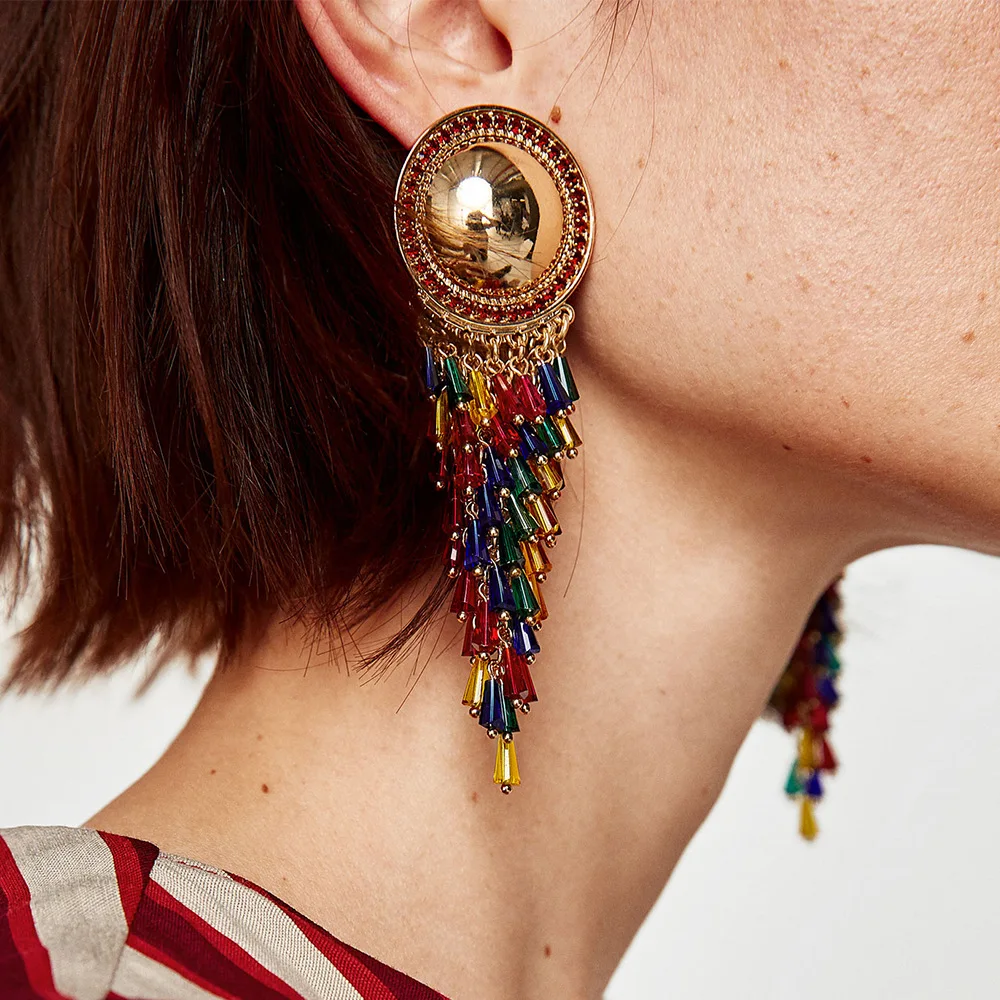 

SexeMara Tassel Acrylic Grain Geometric Earrings for Girl Resin Metal Long Chain Pierced Earring Exaggerated Big Earring Jewelry