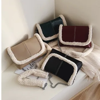 

Plush Female PU Bag Autumn Winter New Fashion Chain Shoulder Bag Wild Messenger Small Square Bag Synthetic Leather Bandolera