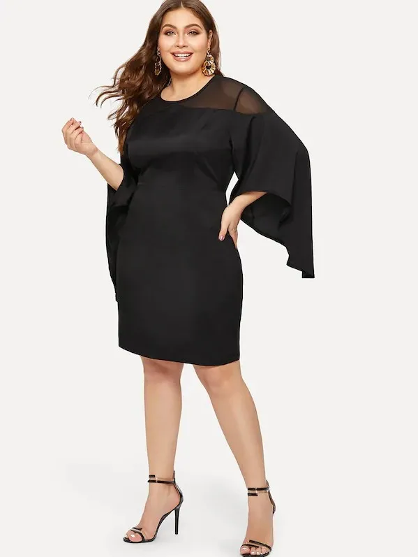 New Autumn Plus Size Women Black Elegant Slim O-neck Sleeves Pencil Dress Vestidos Solid Color Seven-point Sleeve Dress