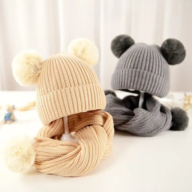 THINKTHENDO Детский шарф вязаная шапка(комплект) сплошной цвет с 2 шариками дети осень зима шаль
