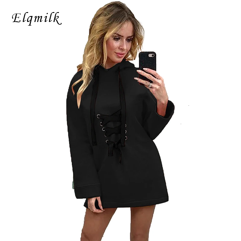 ELQMILK 2020 Women Sweatshirt And Hoodies Ladies Hooded Lace-up Cross Casual Pullovers Girls Long Sleeve Sweatshirts Tops | Женская