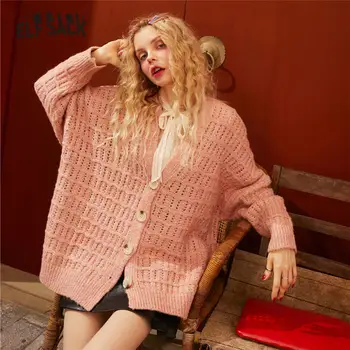 

ELFSACK Pink Solid Hollow Out Knit Korean Cardigan Women Sweaters 2020 Spring Single Button Long Sleeve Loose Casual Ladies Tops