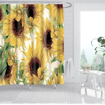 

Waterproof Thicken White Shower Curtain Beautiful Golden Sunflowers Mildew Proof Bath Tub Shower Curtain with 12 pcs Hooks