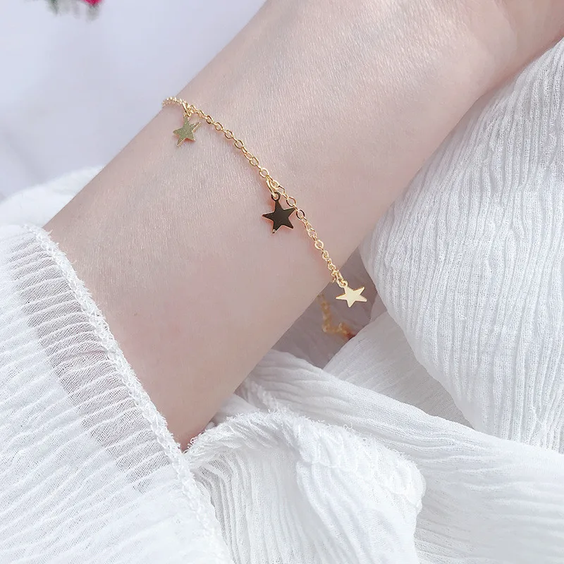POFUNUO 925 Sterling Silver Women Simple Star Bracelets Girls Birthday Gift Fashionable Five-pointed Star Bracelets Chic Jewelry