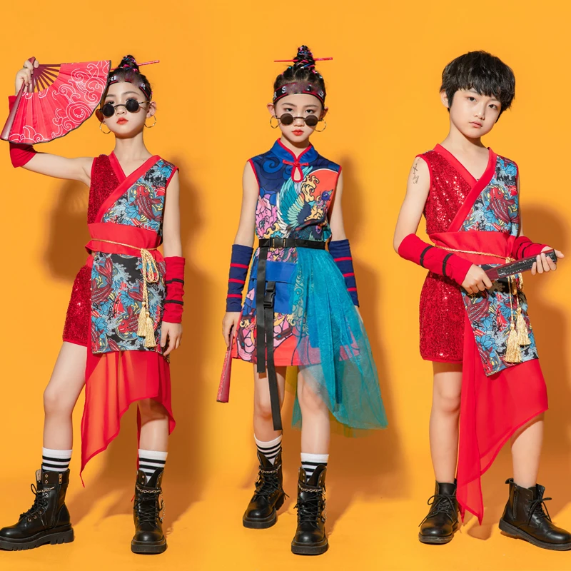 

National Tide Jazz Dance Costume Girls Model Catwalk Show Cheongsam Chinese Style Kids Boys Hip Hop Performance Outfits DQS7816