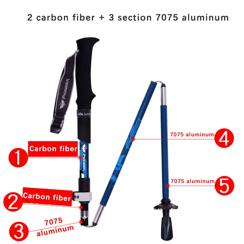 Pioneer Folding Hiking Walking Stick Lightweight Carbon Fibers Aluminum 3+2 Parts External lock Outdoor Mountain-climbing 2