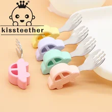 Kissteether – cuillère d'alimentation pour bébé, fourchette en acier inoxydable, cuillère d'entraînement pour bébé, poignée en Silicone, vaisselle pour tout petits, outils d'alimentation 