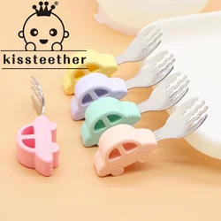 Kissteether New Baby Feeding Spoon Fork Stainless Steel Baby Training Spoon Car Silicone Handle Toddler Dinnerware Feeding Tools