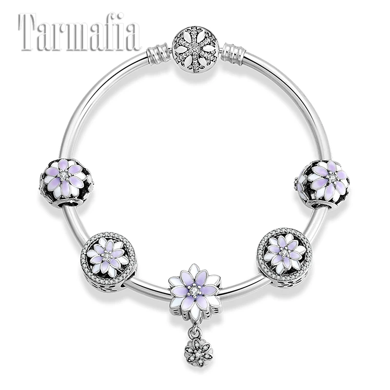 

Original 925 Sterling Silver CZ Purple Enamel Lotus Beads Bracelet with Flower Pendant Charm Bangle for Women DIY 925 Jewelry