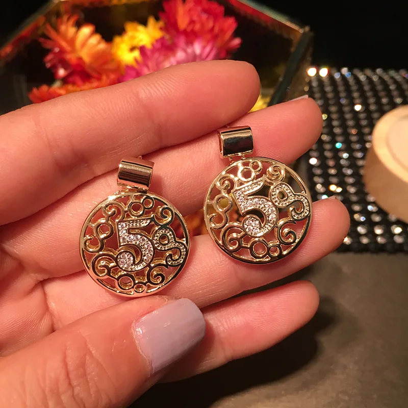 

Personality luxury design letter 5 earrings micro-inlaid zircon dangle disc hollow round totem 925 silver needle earrings