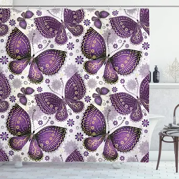 

Natural Shower Curtain Butterflies with Paisley Motif on Wings Flowers Art Print Cloth Fabric Bathroom Decor