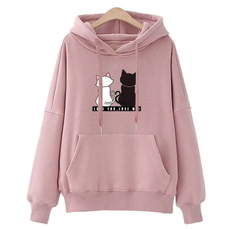 

2019 New Autumn Winter Loose Large Size Cartoon Cat Women Plus Velvet Korean Harajuku Hoodie Sweatshirt Womens Hoodies Pullover