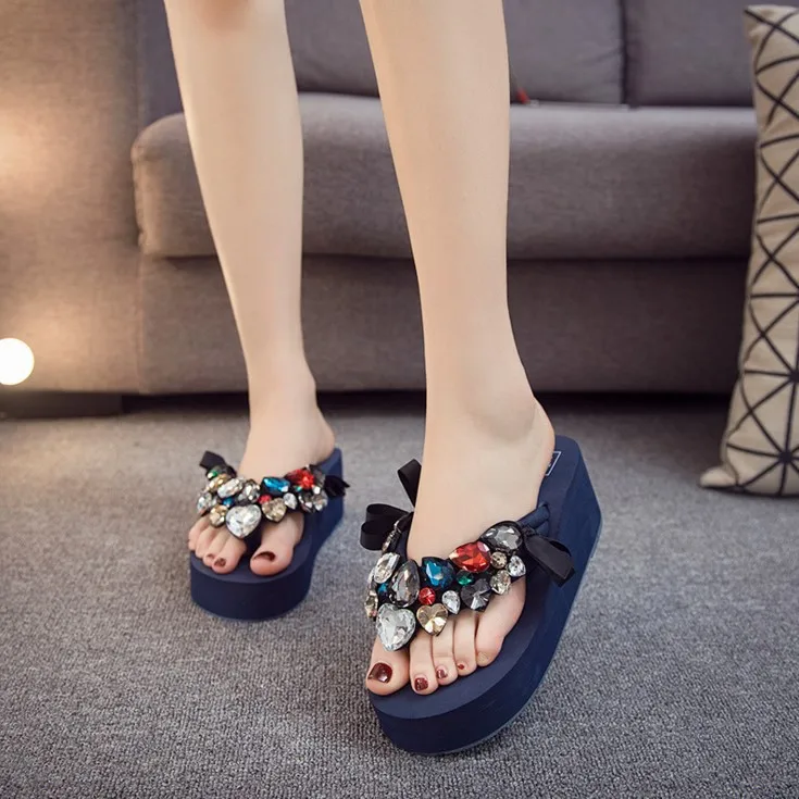 2019 Summer New Luxury Crystal Slippers Bow Womens Cheap Black Platform High Heels Comfortable Flip Flops Shoes Discount6