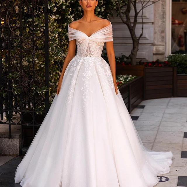 Fora do ombro princesa vestido de casamento renda appliqued com tule vestido  de noiva branco marfim praia vestido de noite mais tamanho - AliExpress