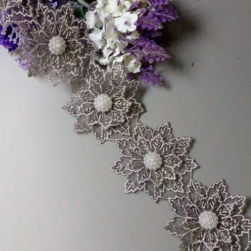 

1 yard Gray Pearl Beaded Embroidered Flower Lace Edge Trim Floral Applique Patches Fabric Sewing Craft Vintage Wedding Dress F6