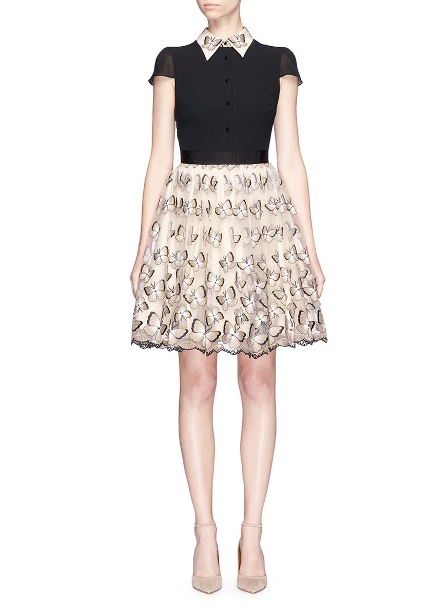 

Women Dress 2017 Spring Summer Collection Butterfly Embroidered Silk Puff Dress
