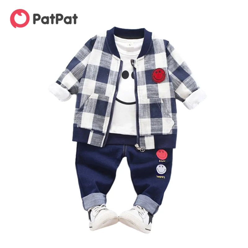 PatPat Conjunto de de 3 piezas para bebés y niños pequeños, abrigo y pantalones a cuadros con cara sonriente, primavera y otoño, novedad de de ropa| - AliExpress