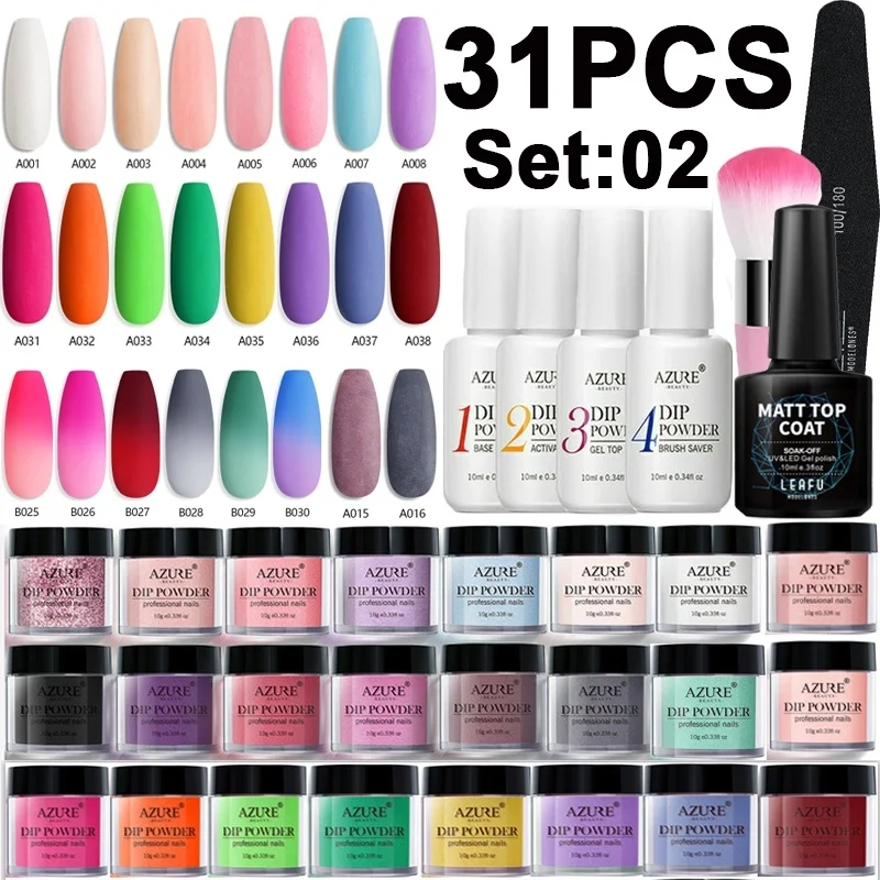 Azure Beauty 31Pcs/Lot Matte Nail Dip System Powder Base Nail Coat Top Gel Tools Set Natural Dry Dipping Powder Nail Art Powder