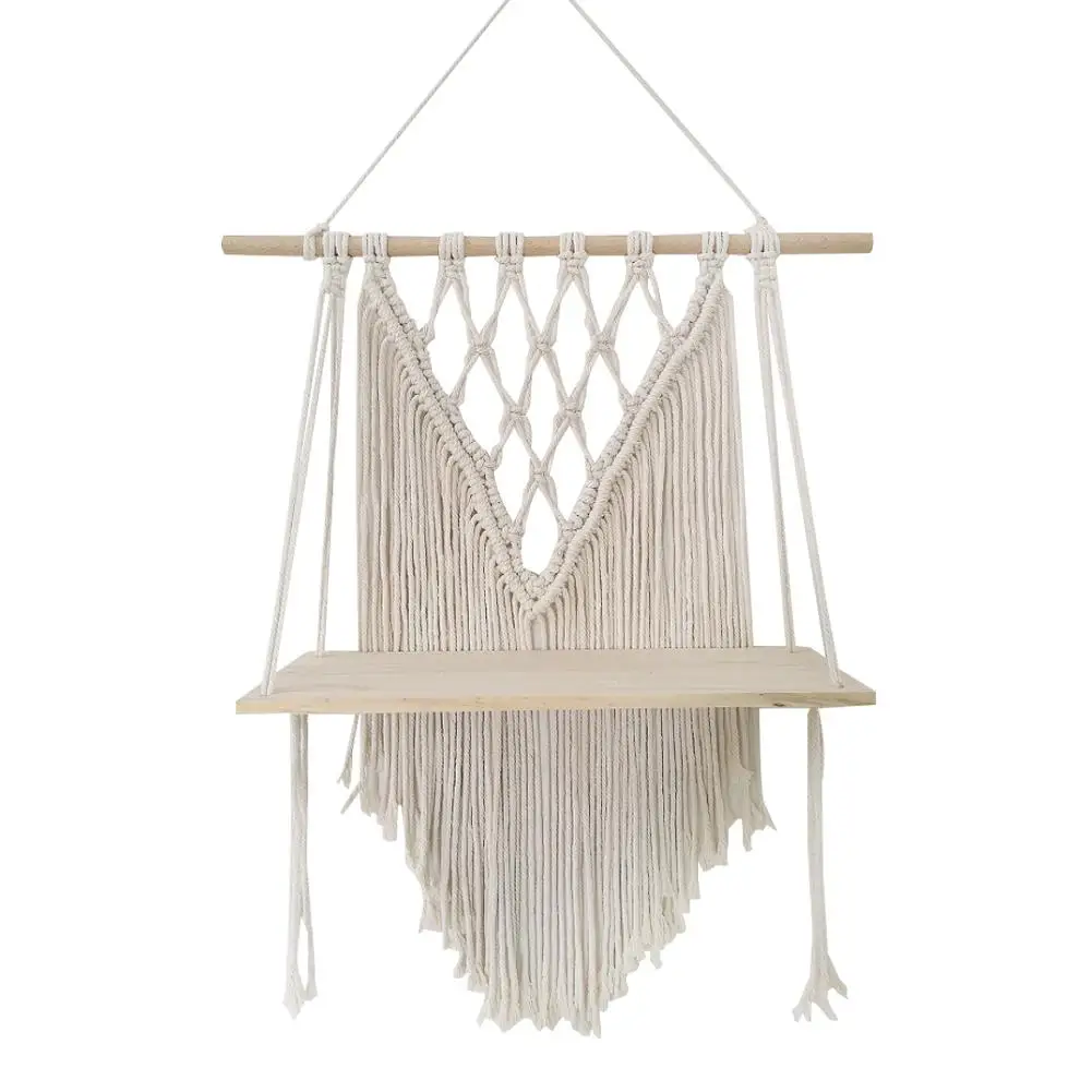 Деревянная двухслойная настенная полка Macrame, рамка для перегородок, декоративная корзина для растений, цветочная корзина, богемное украшение