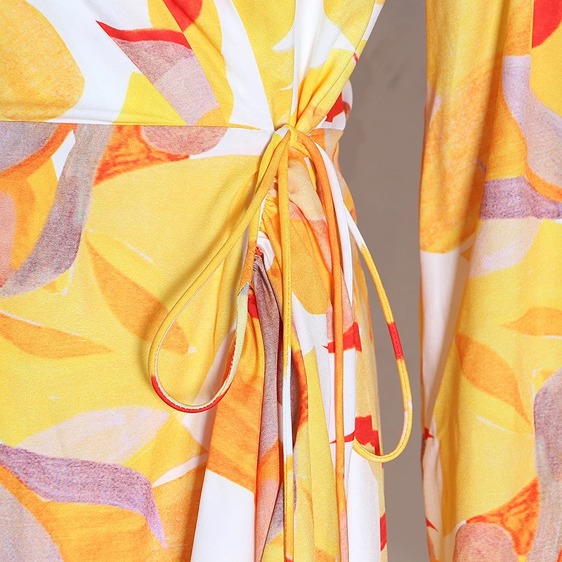 TWOTWINSTYLE Casual Print Dress Women V Neck Lantern Long Sleeve High Waist Ruffles Asymmetrical Dresse For Female Fashion Tide