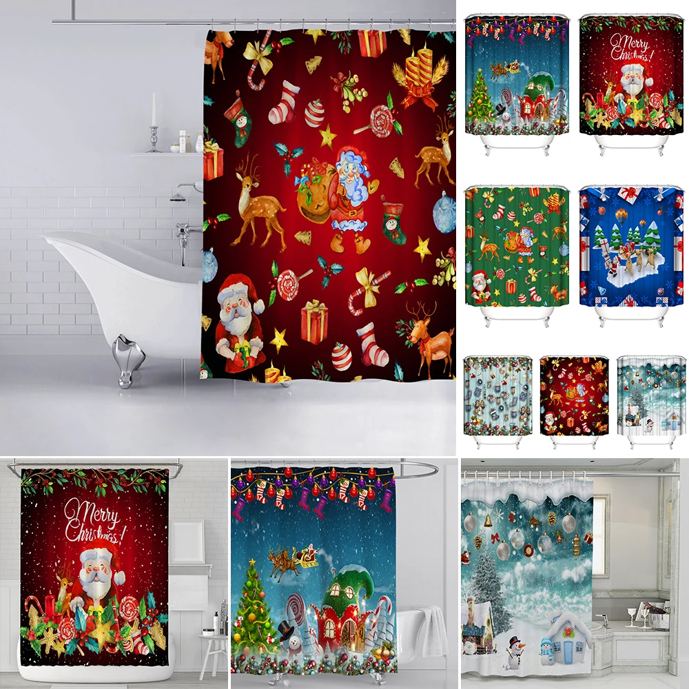 

Merry Christmas Classic Pattern Shower Curtain Santa Claus Christmas Tree Printed Bathroom Curtain With Hook Happy New Year Gift