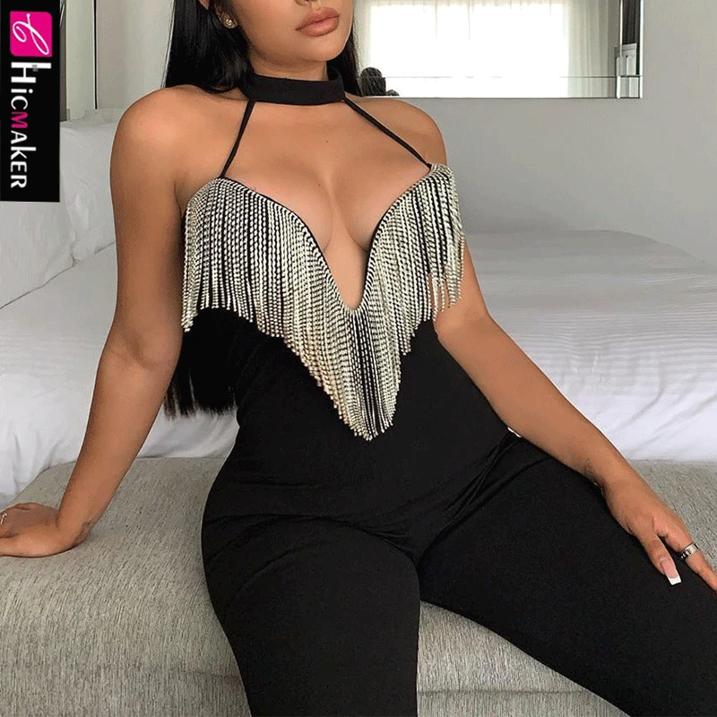 女性プラスサイズホルター背中レースタッセルボディコンセクシーグリッタージャンプスーツノースリーブスキニーセクシーな クラブシャイニングキラキラパーティー全体 Jumpsuits Aliexpress