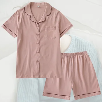 

1 Set Summer Nightgown Short Sleeved Shorts Soft Cotton Pajamas (Pink)