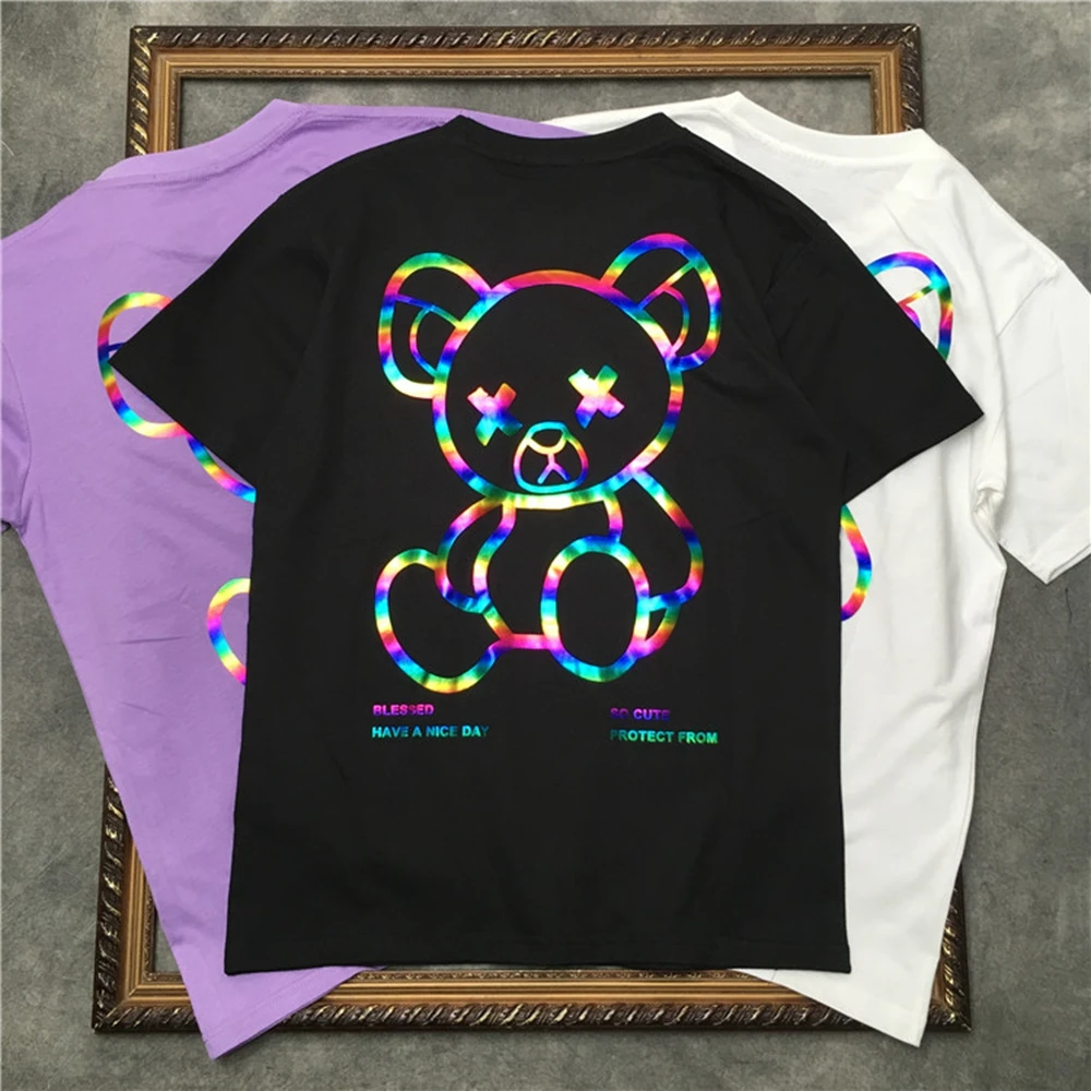 

marcelo barrett Tshirt Reflective Bear Print Tee Mens Short Sleeve T-shirt Women Cotton Casual Hip Hop Highstreet T Shirt 10213